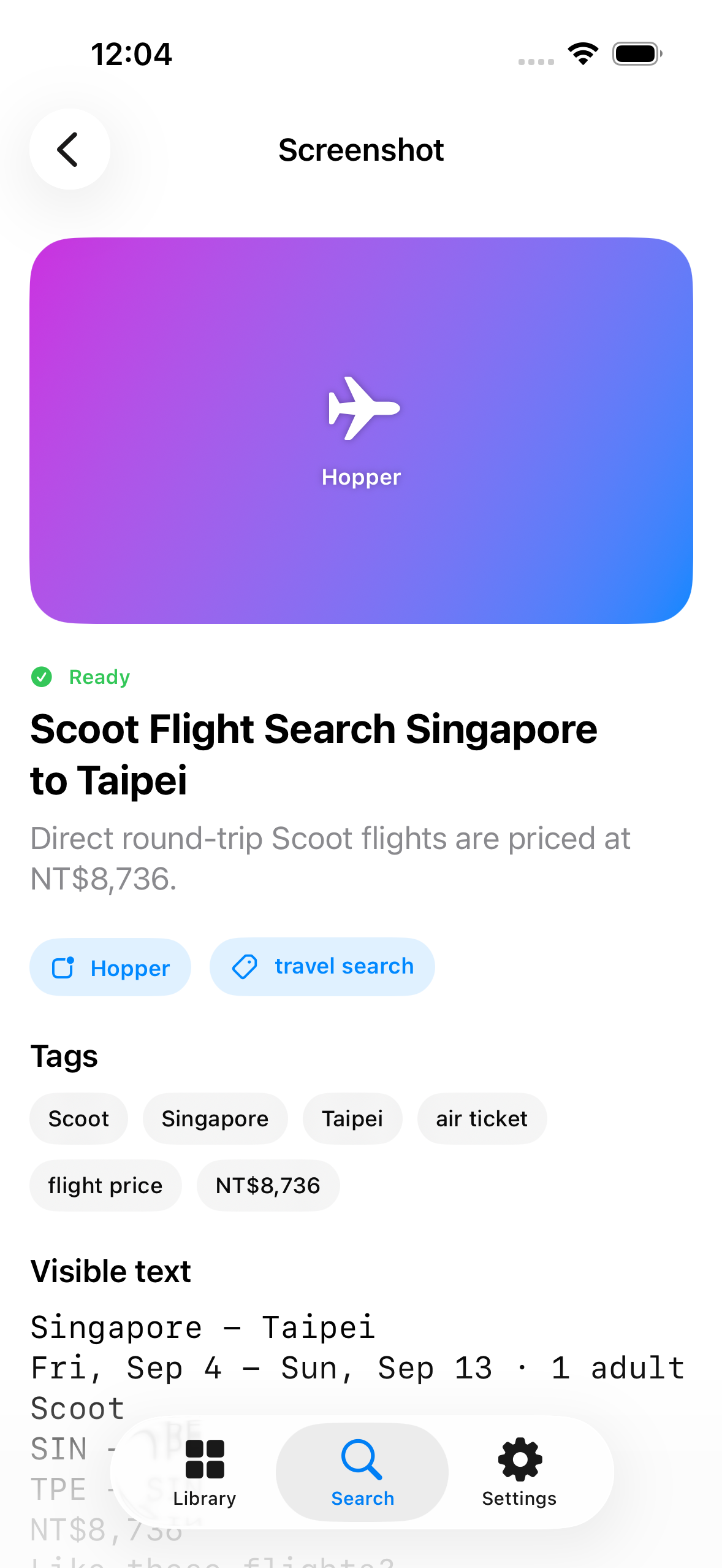 Screench screenshot details with caption, source, tags, and visible text
