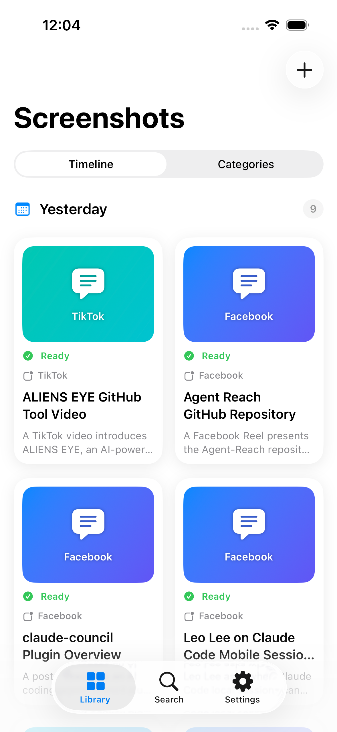 Screench library showing saved and indexed screenshots